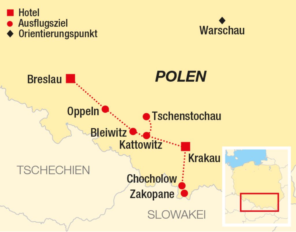 Krakau & Schlesien Reiseverlaufskarte