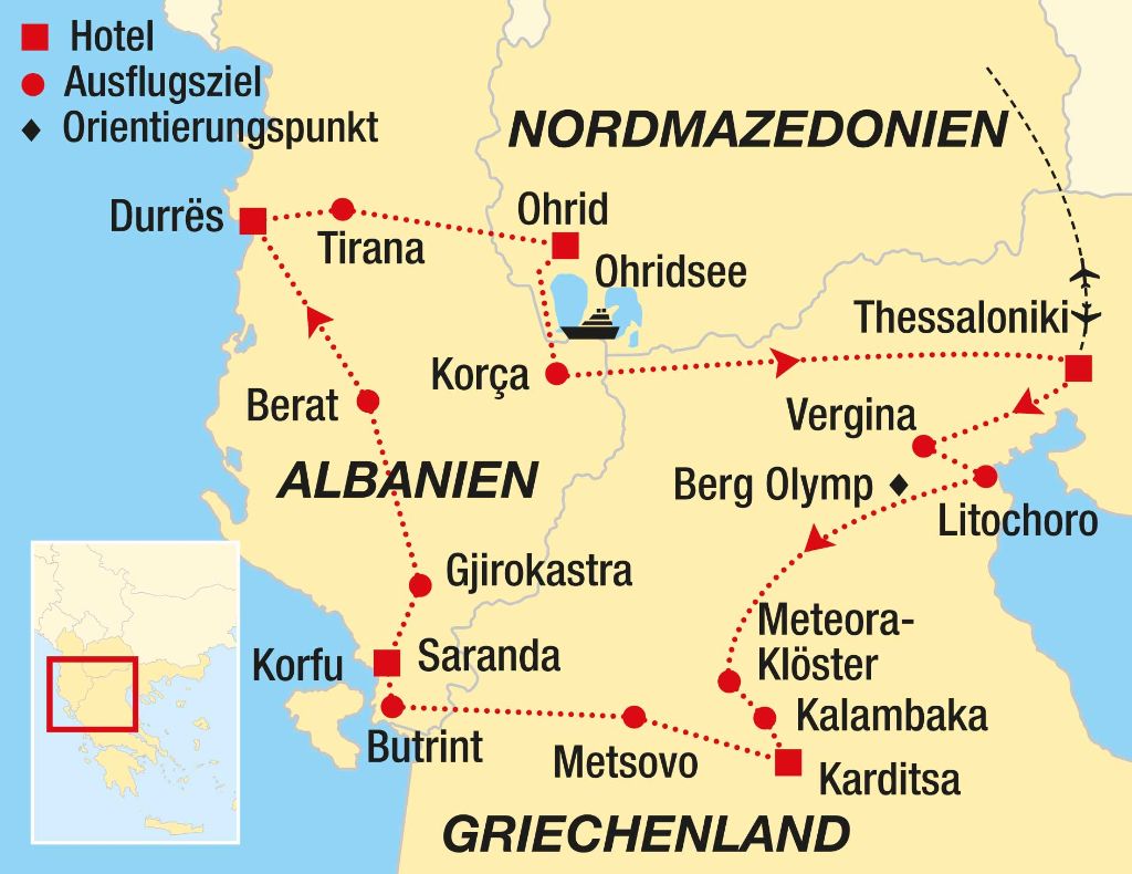 Griechenland, Albanien & Nord Mazedonien Reiseverlaufskarte