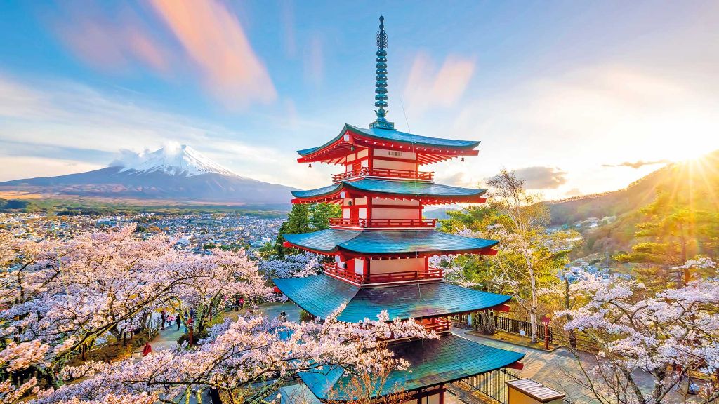 Faszination Japan Chureito-Pagode mit Blick auf den Fuji-san